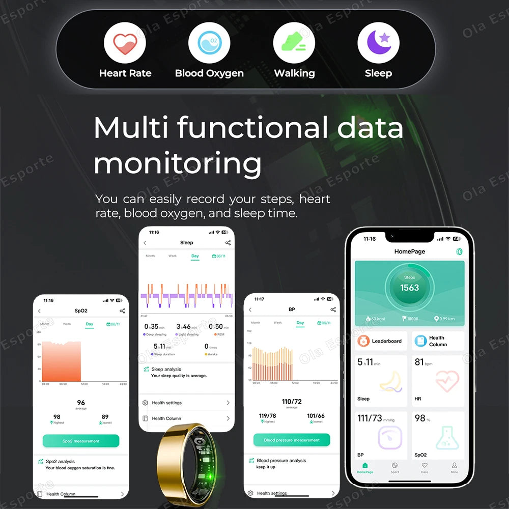 Smart Ring – Hartslag, Bloeddruk & Slaapmonitor, Bewegingssensor - IP68, Waterdicht