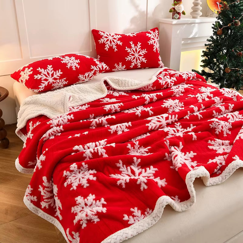 Double-Layer Christmas Blanket – Soft Snowflake Fleece Throw for Sofa, Bed & Seasonal Comfort