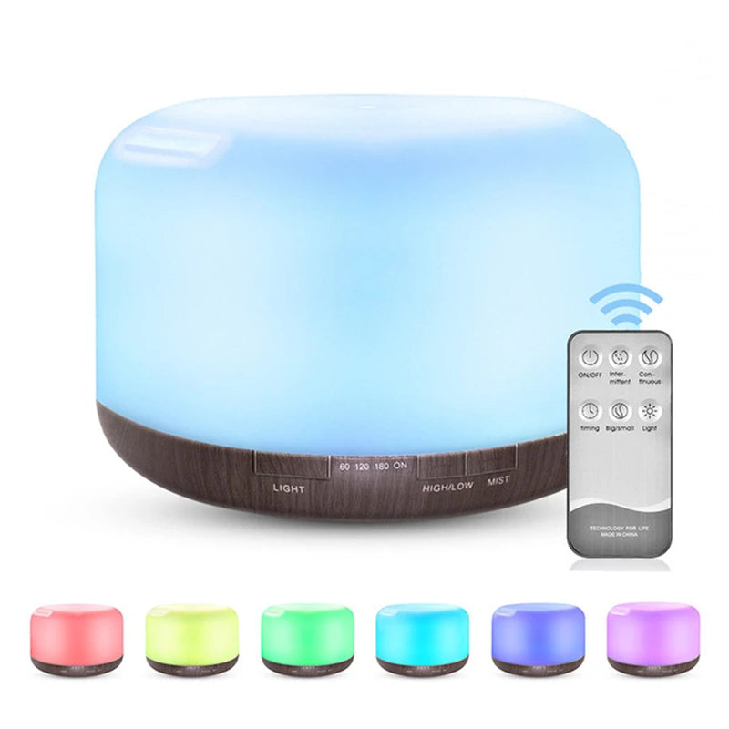 500ML Wood Grain Aroma Diffuser – USB Powered | Essential Oils Can Be Added | Humidifier with Remote & LED Night Lights