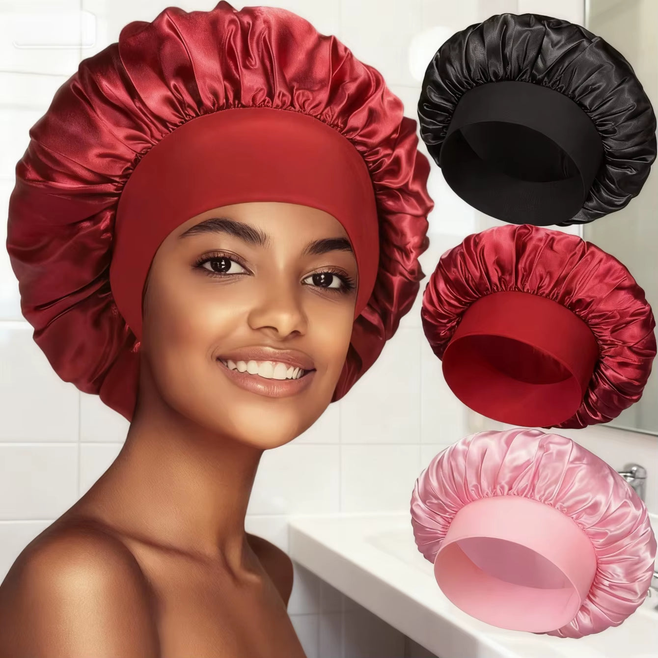 Double-Layer Satin Sleep Bonnet – Elastic Band Night Cap for Curly & Natural Hair