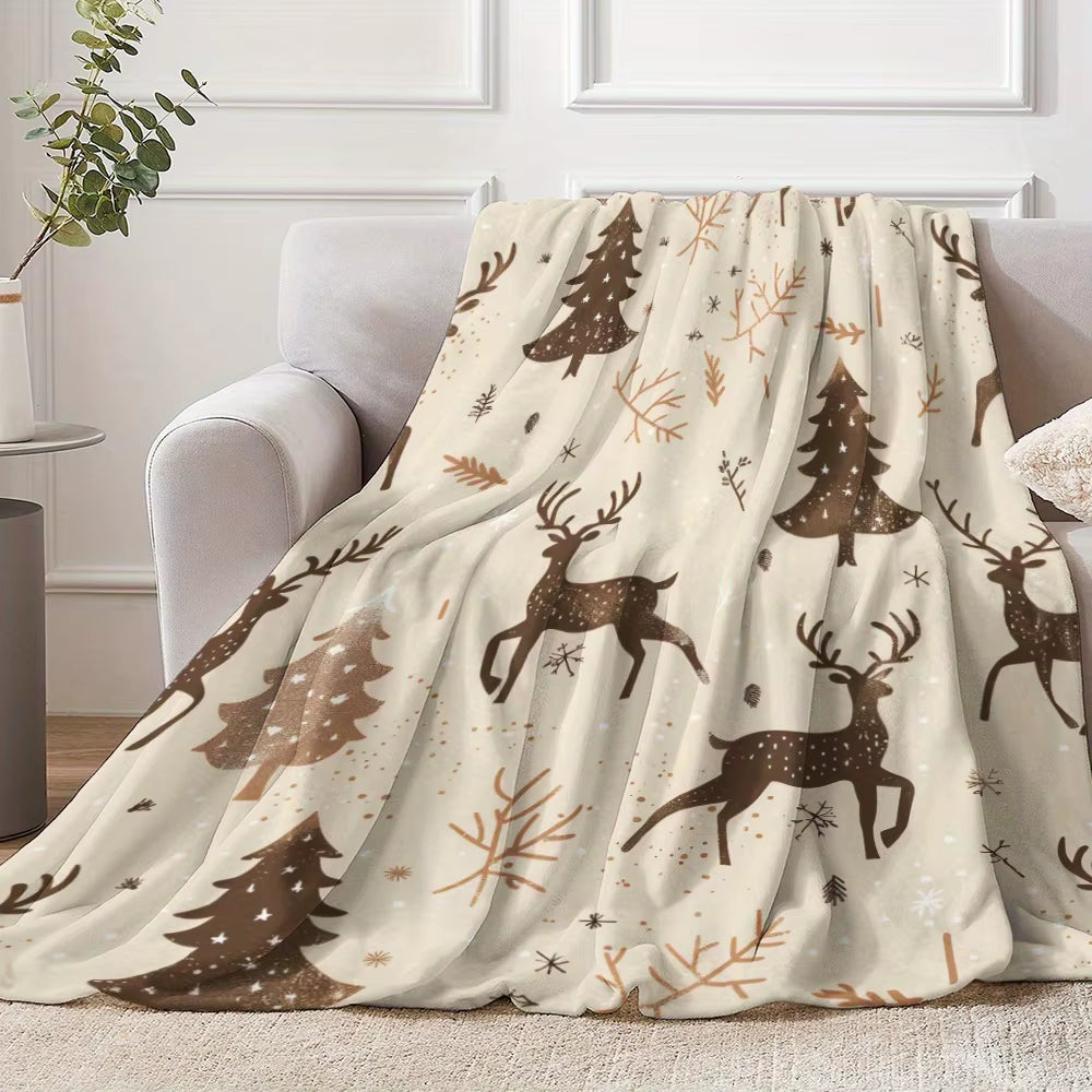Christmas Flannel Throw Blanket – Soft Velvet Polyester Quilt with Digital Print for Sofa & Bedroom