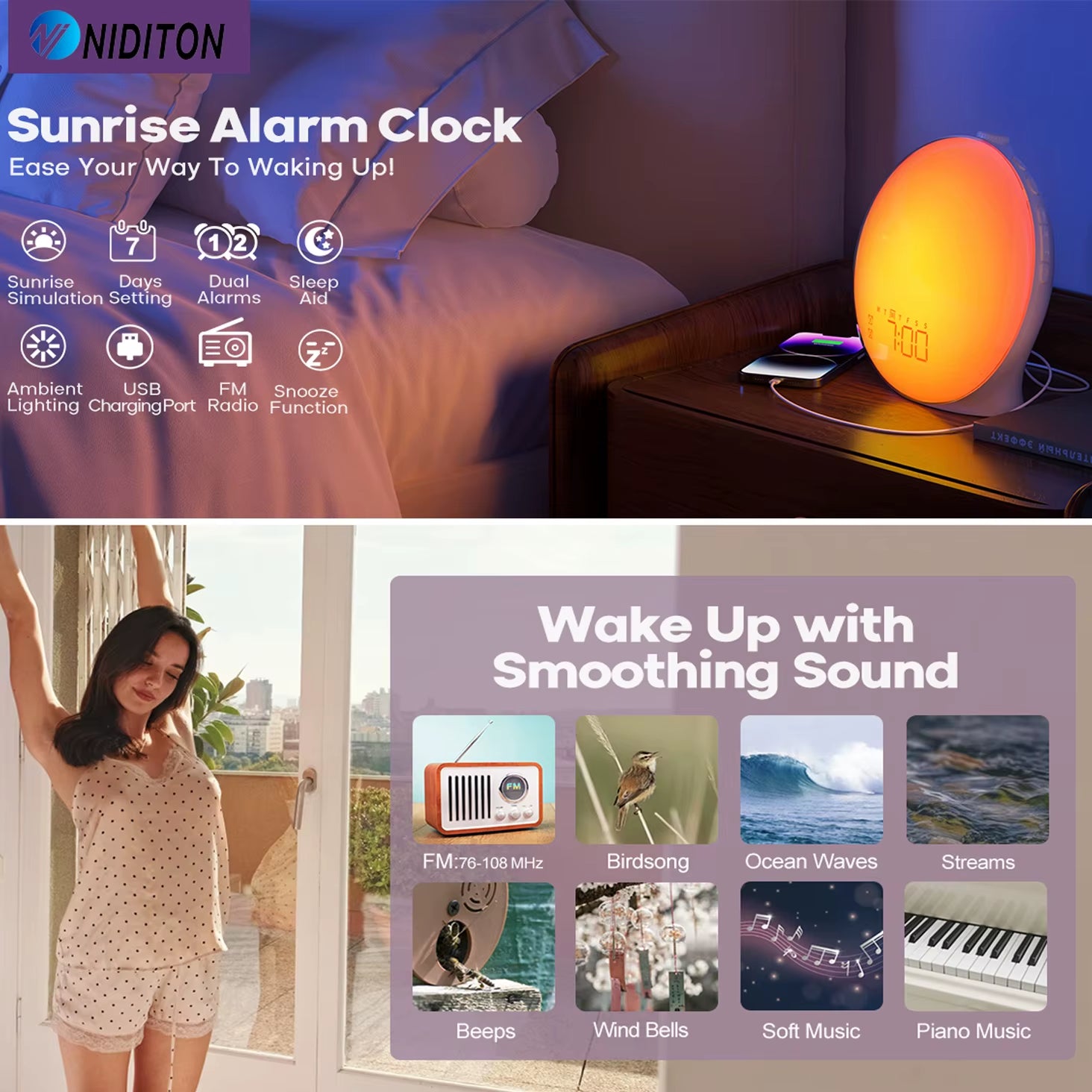 Wake-Up Light Alarm Clock – Sunrise & Sunset Simulation | Digital Clock with Night Light & FM Radio
