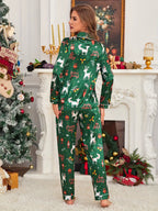 Christmas Reindeer Print Satin Pajama Set for Adults – Polyester & Elastane Long Sleeve Party Loungewear with Lapel Collar
