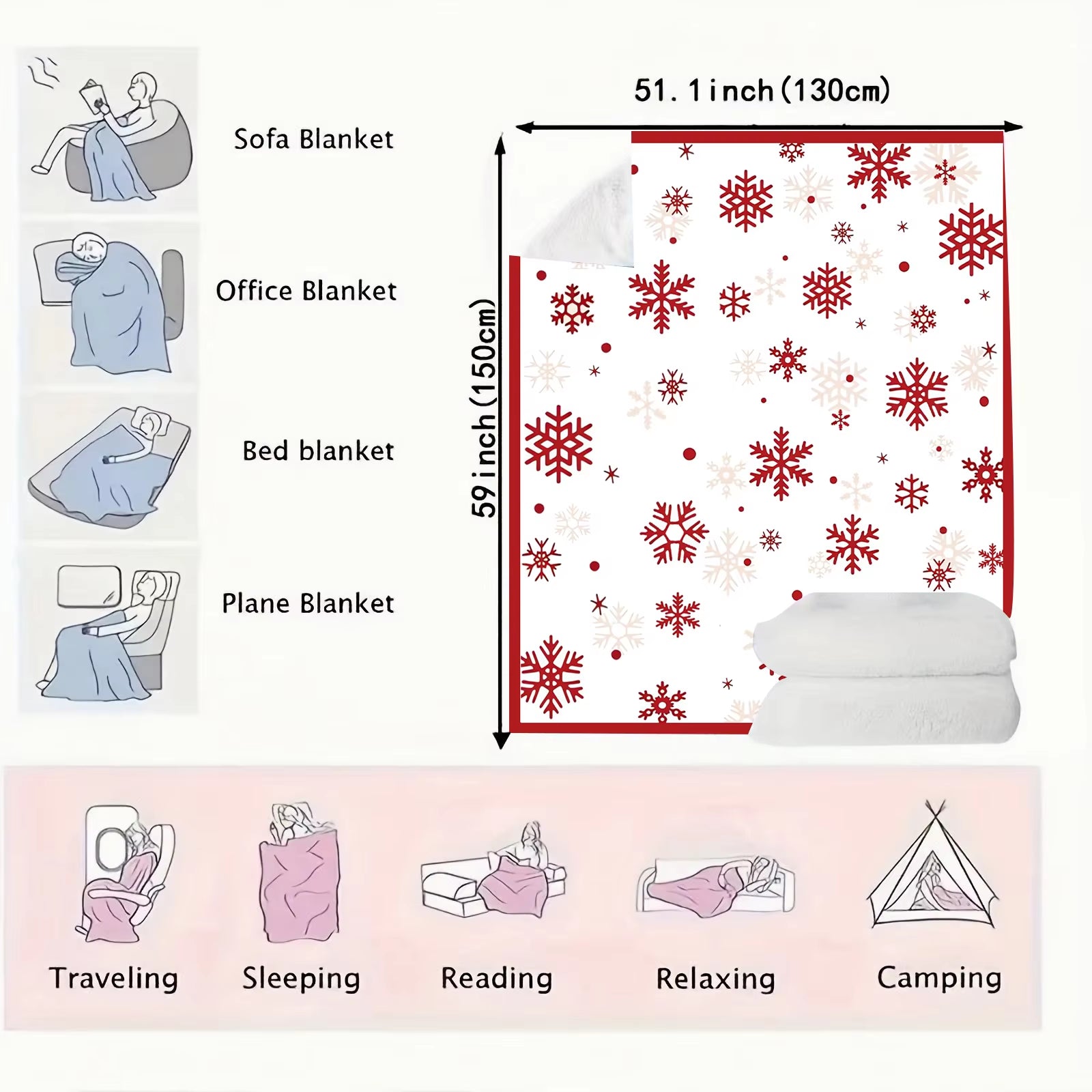 Red Snowflake Christmas Throw Blanket – Super Soft Flannel Fleece for Winter Holiday Comfort