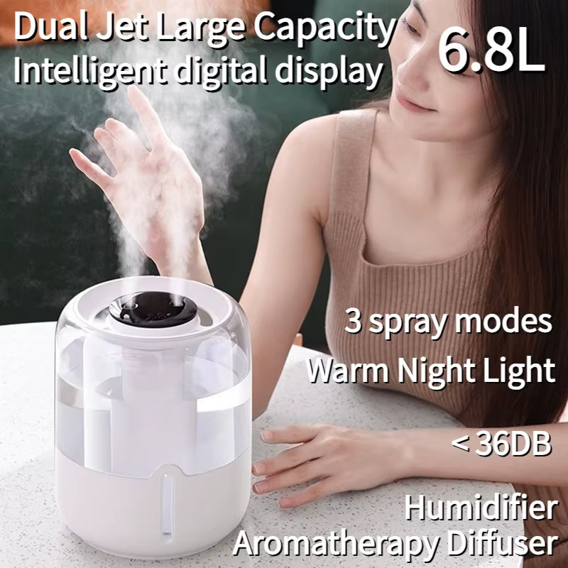 Large-Capacity Ultrasonic Humidifier – Dual Mist Aroma Diffuser with LED Light & Antibacterial Tank (6.8L)