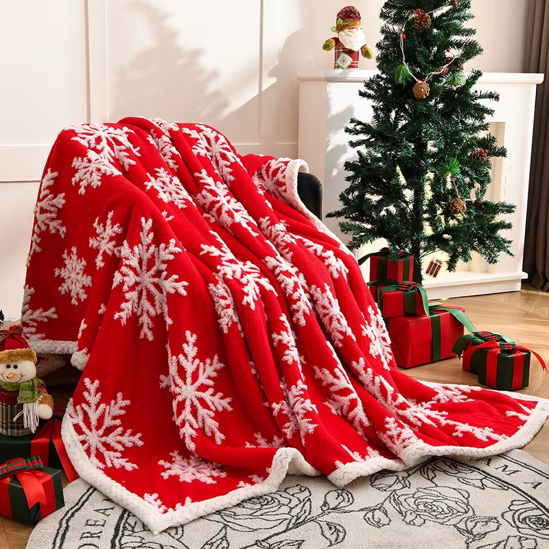 Double-Layer Christmas Blanket – Soft Snowflake Fleece Throw for Sofa, Bed & Seasonal Comfort