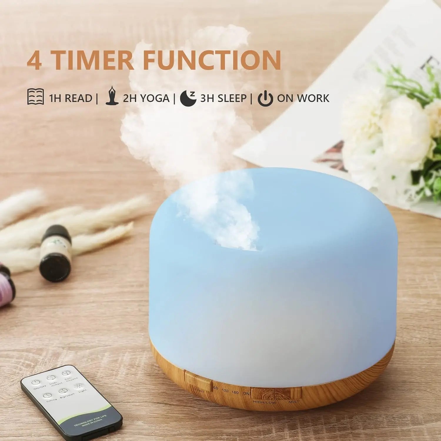 500ML Wood Grain Aroma Diffuser – USB Powered | Essential Oils Can Be Added | Humidifier with Remote & LED Night Lights