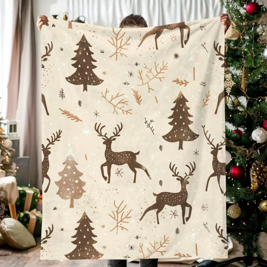 Christmas Flannel Throw Blanket – Soft Velvet Polyester Quilt with Digital Print for Sofa & Bedroom