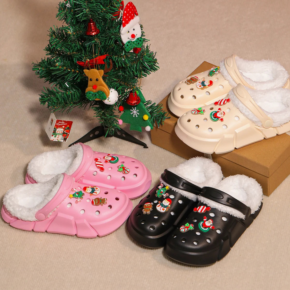 Warm Christmas Slippers for Kids – Soft Plush Lined Cartoon Design with Round Toe